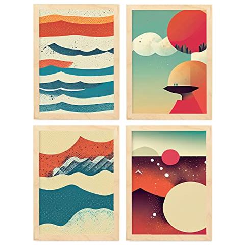Set Di 4 Stampe Onde Posters In Arte Astratta Illustrazioni E Manifesti Di Galassie Artistiche Moderne E A Colori Per Telaio In Legno Chiaro A4 - Foto 1