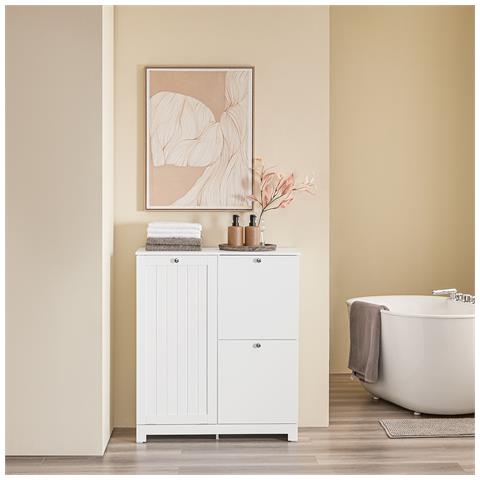 Mobile Bagno Con Grande Cesto E 2 Cesti Estraibili In Tessuto, Salvaspazio, Bianco - Foto 7