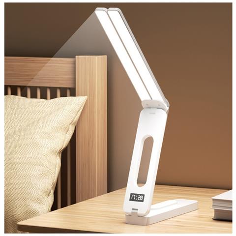 Lampada Da Scrivania Pieghevole A Doppia Testa Con Orologio Digitale E Protezione Occhi Aa - Foto 2