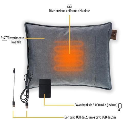 Cuscino Riscaldante Wireless, 60x45 Cm, Powerbank 5.000 Mah, 3 Livelli Di Calore, Riscaldamento 10 Min, Spegnimento Automatico, Fodera Lavabile, Grigio - Foto 2