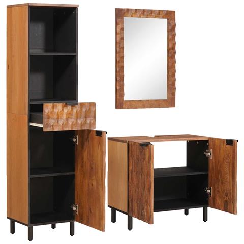 Set da Bagno con cassetto con porta 3 pcs Acacia Marrone Winish - Foto 1
