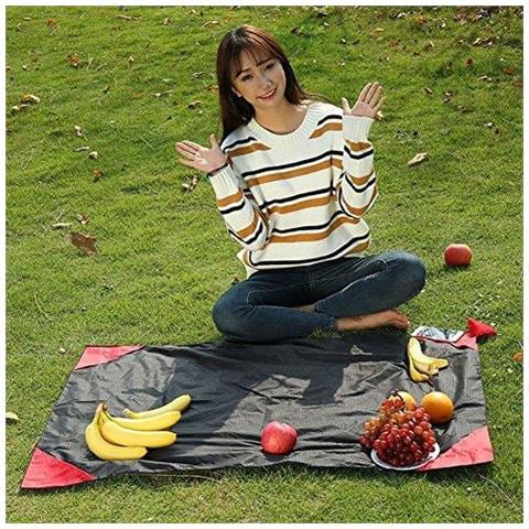 Pocket Mini Coperta Da Picnic Bene Durevole Leggero Impermeabile Prova Della Sabbia Beach Camping Viaggio Mat Con Il Sacchetto Portatile Per Attivit Allaperto (70 110 Centimetri Black Red)  - Foto 4