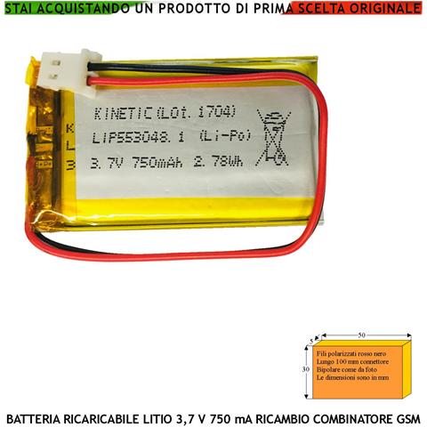 Batteria Ricaricabile Tensione 3,7 V Capacità Tipica 700 Ma Ai Polimeri Di Litio Protezione Pcm E Da Cortocircuito Ten - Foto 1