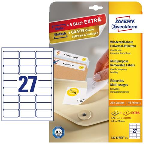 Avery L4737REV-25 etichetta autoadesiva Rettangolo con angoli arrotondati Rimovibile Bianco 810 pz - Foto 1