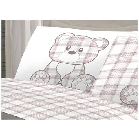 Completo Lenzuola Linea Pensieri Delicati 100% Cotone Orsetto Tartan Primavera Singolo Beige - Foto 2