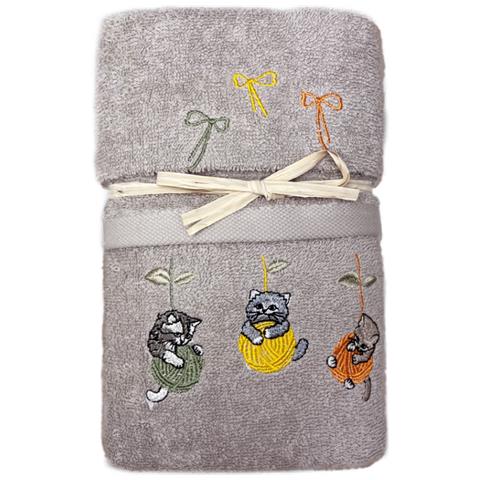 Set Asciugamano Copiola Salvietta Bagno Spugna 100% Cotone Gatto Gomitolo Copiola Tortora - Foto 1