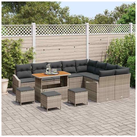 Set di Divani da Giardino 13 Pezzi con Cuscini Grigio Polyrattan Acacia, Divano da Giardino 2 Posti con Ripostiglio e Cuscini Grigio Polyrattan, Set da Pranzo da Giardino 4 Pezzi con Cuscini Grigio Polyrattan Acacia - Foto 2