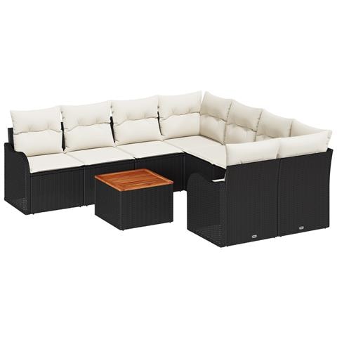Set Divano da Giardino vitaXL 9 Pezzi con Cuscini Nero Polyrattan Acacia, Divano da Giardino vitaXL 2 Posti con Cuscini Nero Polyrattan - Foto 1