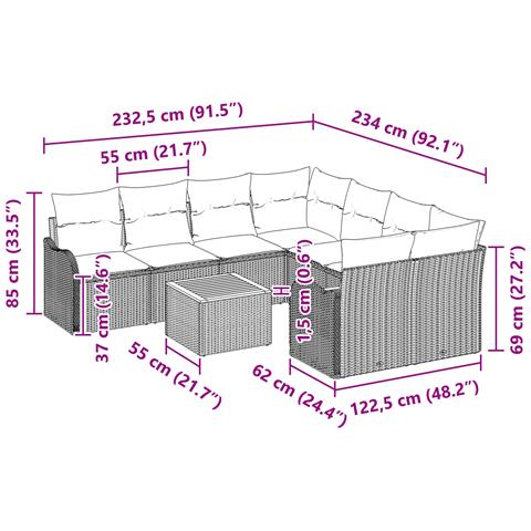 Set Divano da Giardino vitaXL 9 Pezzi con Cuscini Nero Polyrattan Acacia, Divano da Giardino vitaXL 2 Posti con Cuscini Nero Polyrattan - Foto 9