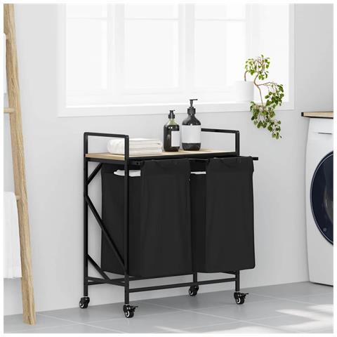 Cesto Portabiancheria 2 Scomparti con Ruote Rovere Sonoma - Foto 2