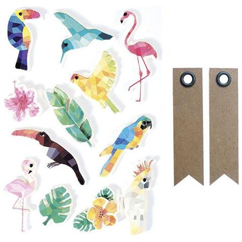 12 Adesivi 3d - Uccelli Tropicali 6 Cm + 20 Etichette Kraft Con Gagliardetto - Foto 1