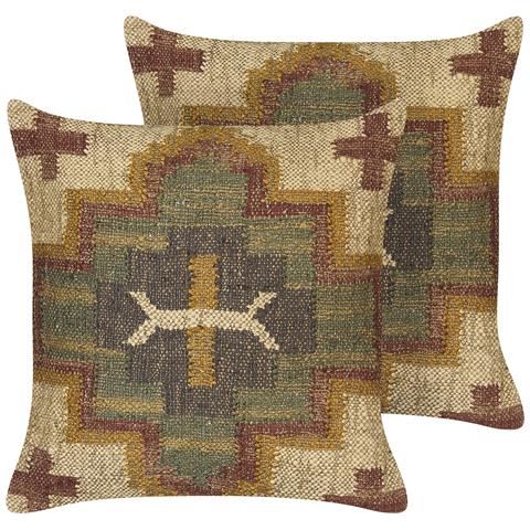 Set Di 2 Cuscini Pulicat Iuta 45 X 45 Cm Geometrico Verde - Foto 2