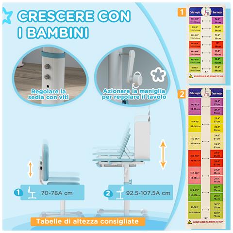 Set Scrivania e Sedia per Bambini Regolabili, Banco Scuola con Piano Inclinabile, Cassetto, Scaffale, Blu - Foto 2