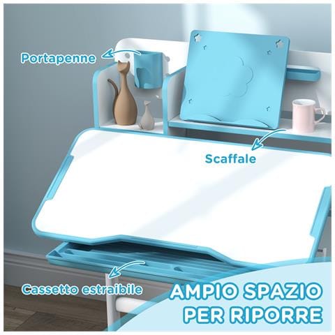 Set Scrivania e Sedia per Bambini Regolabili, Banco Scuola con Piano Inclinabile, Cassetto, Scaffale, Blu - Foto 6