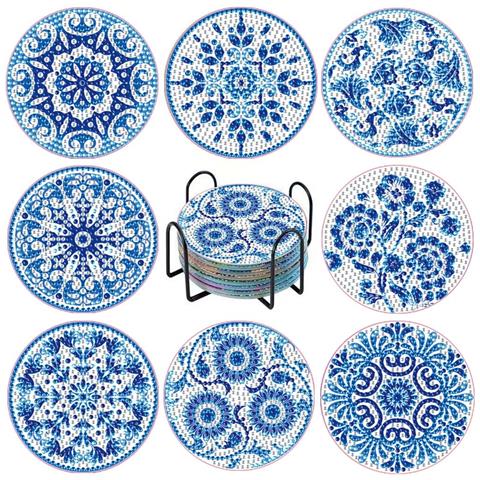Set Di 8 Sottobicchieri Mandala In Acrilico Con Diamanti Brillanti, Compatibile Con Decorazioni Per Casa E Feste, Sottobicchieri Fatti A Mano Con Supporto In Ferro - Foto 1