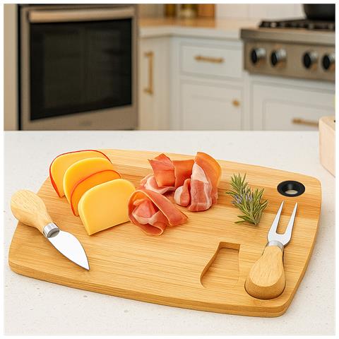 Tagliere Per Formaggi 3 Pezzi In Bambù Naturale Ultra Pratico Elegante E Resistente, Marrone Chiaro - Foto 2
