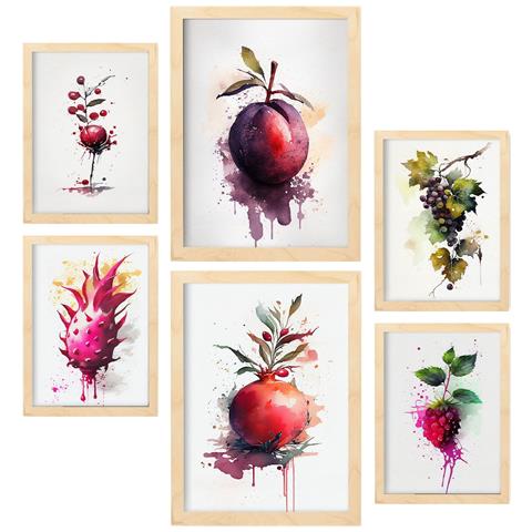 Set Di 6 Stampe Poster Di Frutta, Verdura E Cibi Sani Con Colori Ad Acquerello Su Bianco Puro A3 & A4 Telaio In Legno Chiaro - Foto 1