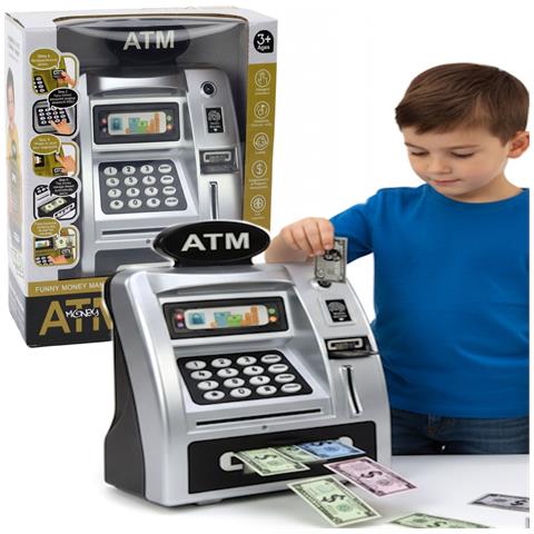 Salvadanaio ATM cassaforte interattiva pin banconote argento e nero - Foto 4