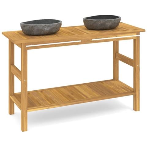 Mobile Vanità Bagno Con Lavandini Pietra Fiume Massello Di Teak - Foto 1