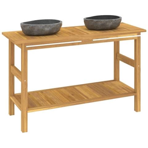 Mobile Vanità Bagno Con Lavandini Pietra Fiume Massello Di Teak - Foto 2