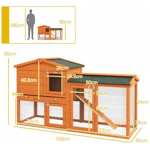Conigliera A 2 Piani Da Esterno In Legno Di Abete E Filo Di Metallo, 150x45x85 Cm, Arancione - Foto 2