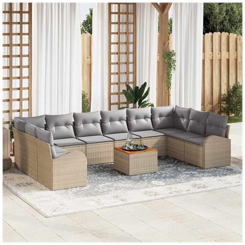 Set di divani da giardino da 11 pezzi con cuscini beige in polyrattan e acacia - Foto 2