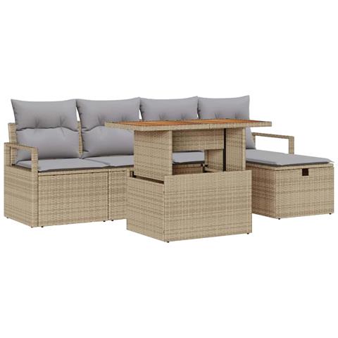 Set Sofà da Giardino a 6 Pezzi con Cuscini Beige Polyrattan, Sofà da Giardino a 2 Posti con Cuscini Beige Polyrattan - Foto 1