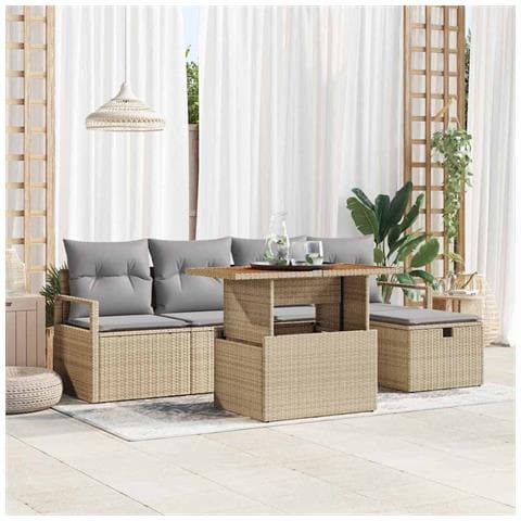 Set Sofà da Giardino a 6 Pezzi con Cuscini Beige Polyrattan, Sofà da Giardino a 2 Posti con Cuscini Beige Polyrattan - Foto 2