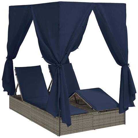 Lettino da sole doppio Set di 2 Grigio e blu navy Rattan Grande - Foto 1