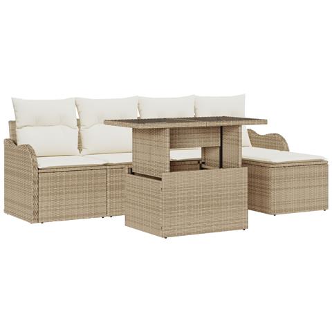 Set divano da giardino  a 6 pezzi con cuscini beige in rattan sintetico, Divano da giardino  a 2 posti con cuscini beige in rattan sintetico - Foto 1