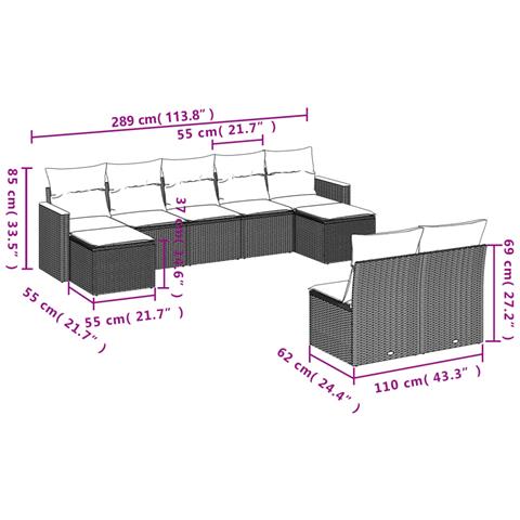 Set Divani da Giardino 9 pz con Cuscini Nero in Polyrattan - Foto 3