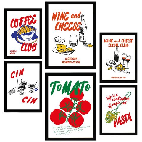 Set Di 6 Stampe Illustrazioni Decorative Di Cibo E Piatti In Stile Pop Art Incorniciate Con Illustrazioni A3 & A4 Cornice Nera - Foto 1