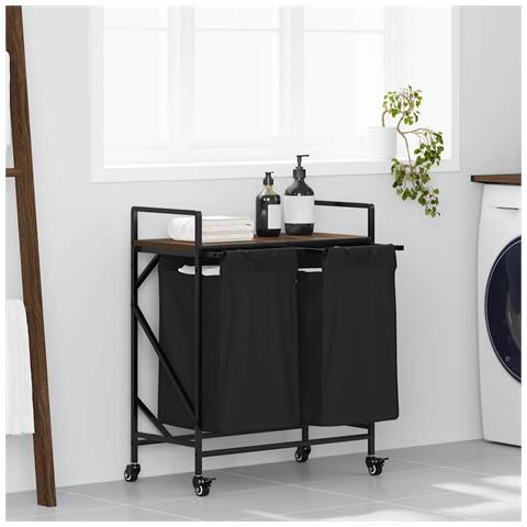 Cesto Portabiancheria 2 Scomparti con Ruote Rovere Marrone - Foto 2