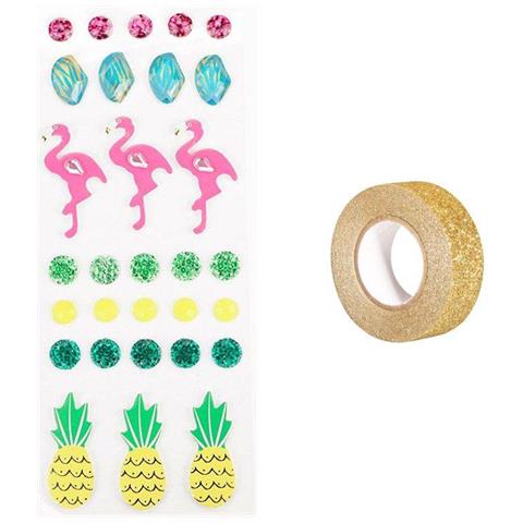 30 Adesivi In 3d Fenicotteri E Ananas + Washi Tape Dorato 5 M - Foto 2