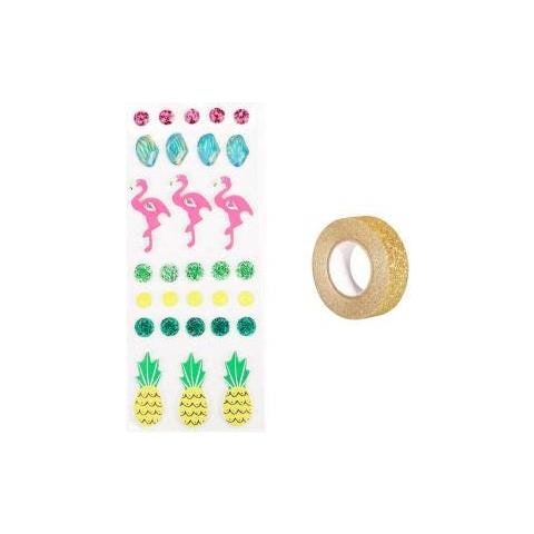 30 Adesivi In 3d Fenicotteri E Ananas + Washi Tape Dorato 5 M - Foto 1