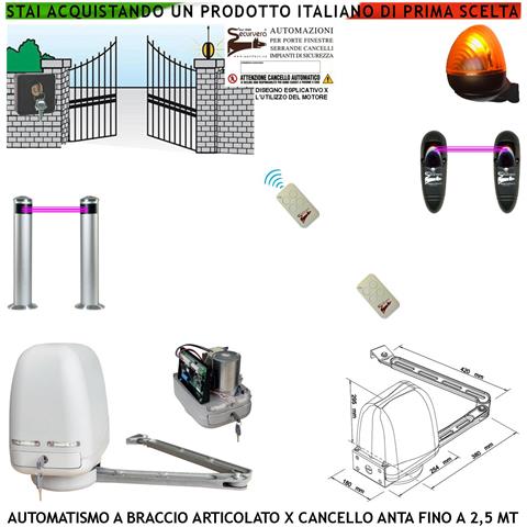 Kit Motore A Braccio Articolato 220/24 V Cancello Automatico Anta Da 0,5 A 2,5 Mt Centrale 2 Radiocomandi Faro Seletto - Foto 1