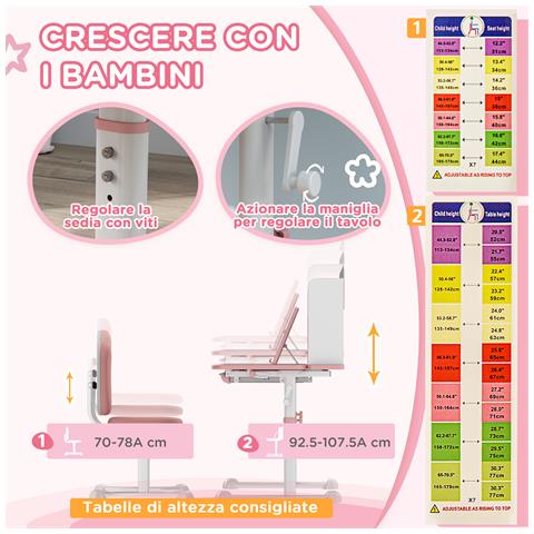 Set Scrivania e Sedia per Bambini Regolabili, Banco Scuola con Piano Inclinabile, Cassetto, Scaffale, Rosa - Foto 2