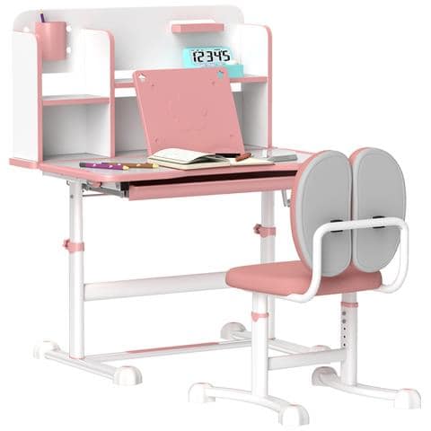 Set Scrivania e Sedia per Bambini Regolabili, Banco Scuola con Piano Inclinabile, Cassetto, Scaffale, Rosa - Foto 1