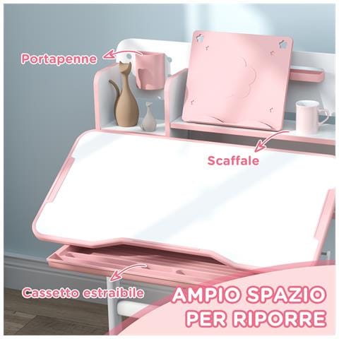 Set Scrivania e Sedia per Bambini Regolabili, Banco Scuola con Piano Inclinabile, Cassetto, Scaffale, Rosa - Foto 6