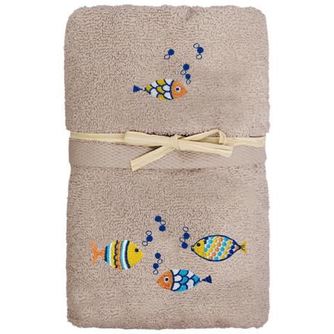 Set Asciugamano Copiola Salvietta Bagno Spugna 100% Cotone Pesciolini Colorati Copiola Tortora - Foto 1