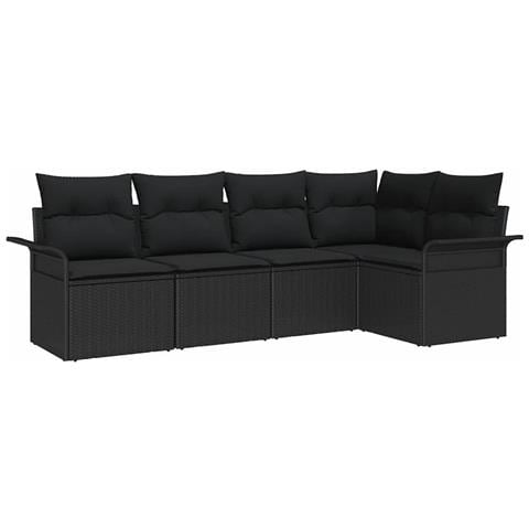 Set divano da giardino 5 pezzi con cuscini in polyrattan nero - Foto 1