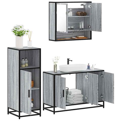 Set Mobili da Bagno 3 pz Grigio Sonoma in Legno Multistrato - Foto 2