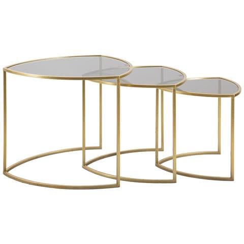 Tavolinetti Triangle In Ferro E Vetro Dorato — Set 3 Pezzi Ø 60x50, Ø 50x45, Ø 40x40 Cm - Foto 2