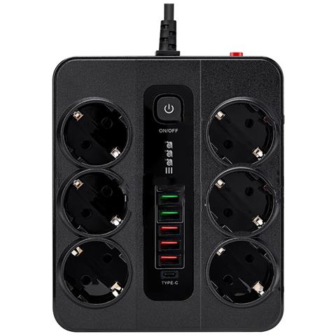 Presa Eu A 6 Prese, 5 Porte Usb, 1 Porta Usb-c Black - Foto 1
