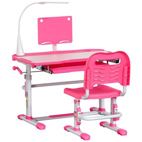 Set Scrivania per Bambini 6-12 Anni con Sedia Regolabile in Altezza, Cassetto, Luce e Piano Inclinabile, Rosa - Foto 1