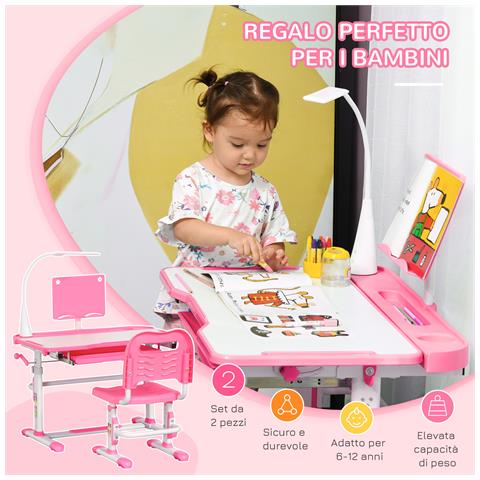 Set Scrivania per Bambini 6-12 Anni con Sedia Regolabile in Altezza, Cassetto, Luce e Piano Inclinabile, Rosa - Foto 2