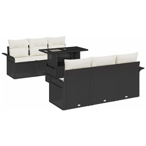 Set da giardino 7 pezzi  con cuscini in rattan polio nero, Divano da giardino 2 posti  con spazio di stoccaggio e cuscini in rattan polio nero - Foto 1