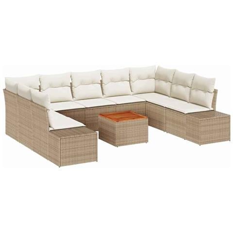 Set Sofà da Giardino da 10 Pezzi con Cuscini Beige Polyrattan Acacia - Foto 1