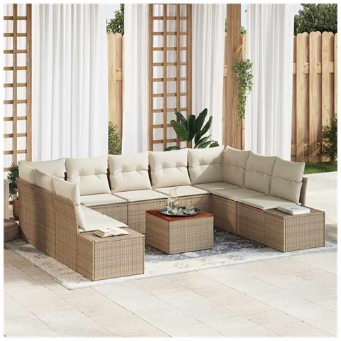 Set Sofà da Giardino da 10 Pezzi con Cuscini Beige Polyrattan Acacia - Foto 2