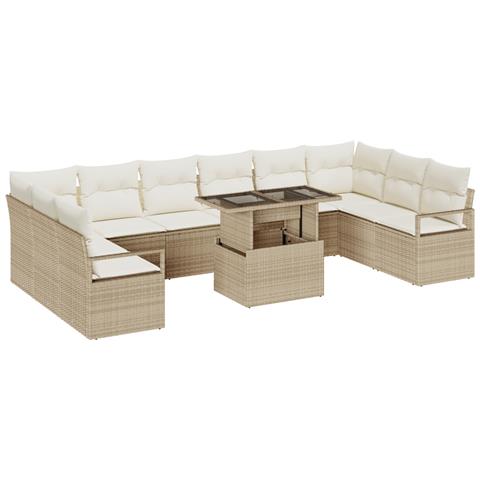 Set di divani da giardino  11 pezzi con cuscini in polyrattan beige, Divano da giardino a 2 posti  con cuscini in polyrattan beige - Foto 1